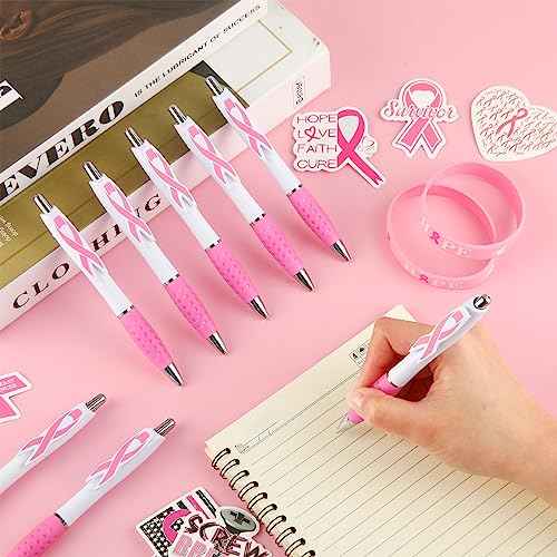 Ctosree 150 Pcs Breast Cancer Awareness Pens Bulk Retractable Pink Ribbon Black Ink Ballpoint Pens Gift Breast Cancer Awareness Party Favors for Office Women Nurse Coworkers Employees Bus Driver