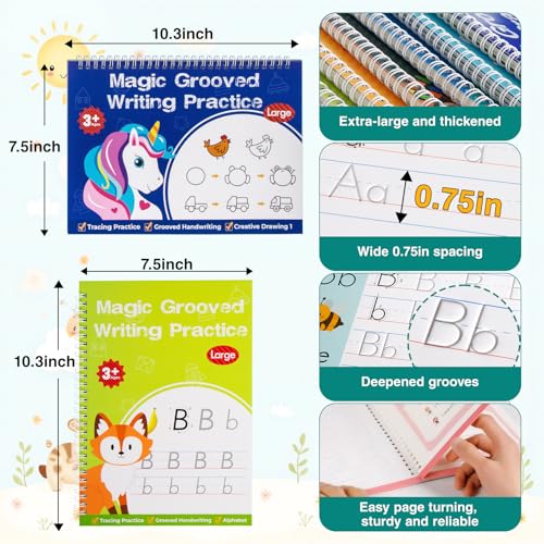 6-Pack Reusable Handwriting Practice Workbooks for Kids Ages 3-8 with Magic Fading Ink