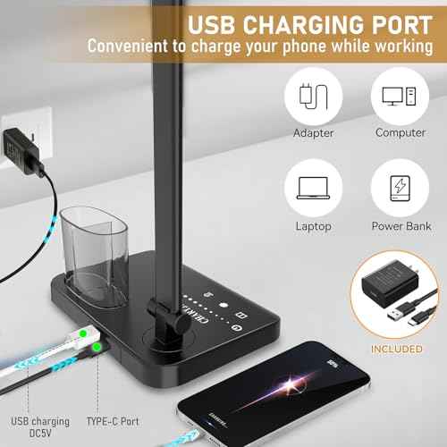 Retractable Dimmable LED Desk Lamp with USB Charging Port, 50 Lighting Modes Dual Swing Arm Architect Adjustable Table Lamp Light Desk Lamp for Home Office Dorm Piano Nail, Black