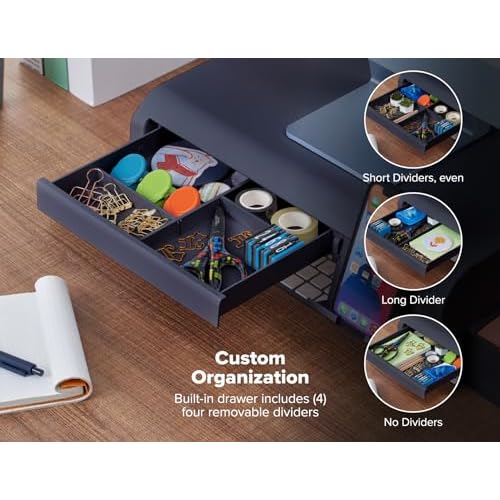 Bostitch Konnect Adjustable Monitor Riser with Drawer, Cell Phone Stand & Pencil Holder, Laptop Stand for Desk, 4 Height Levels, Cable Management & Rubber Feet