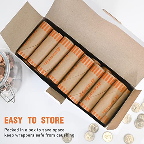 72 PCS Preformed Quarter Coin Wrappers Rolls - Orange ABA Standard, Durable Kraft Paper, Easy Seal, Bank-Grade Organization