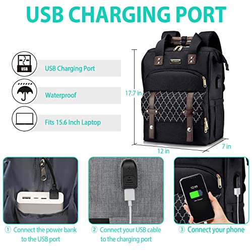 Laptop Backpack for Women Men, 17.3 Inch School Backpacks with USB Charging Port, Wide Open Large Backpack, Casual Daypacks for Travel College, Black