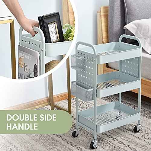 TOOLF 3-Tier Rolling Cart, Metal Utility Storage Cart with DIY Pegboards, Art Craft Trolley with Baskets Hooks, Serving Organizer Easy Assemble for Office, Home, Kitchen, Classroom (Green)