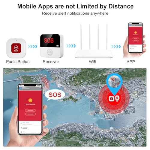 WiFi Pager, Caregiver Pagers Life Alert Systems for Seniors no Monthly Fee, 1 Receiver and 1 SOS Panic Button & 1 Watch Pager, Compatible with Tuya Smart/Smart Life APP