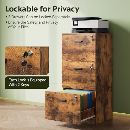 DevaiSe Rustic Brown 3-Drawer Wood File Cabinet – Vertical Holder for Letter & A4, Fits Home Office