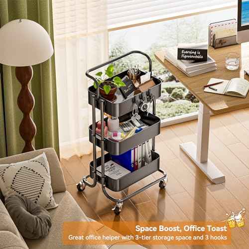 3 Tier Mesh Utility Cart, Rolling Metal Organization Cart with Handle and Lockable Wheels, Multifunctional Storage Shelves for Kitchen Living Room Office, Black