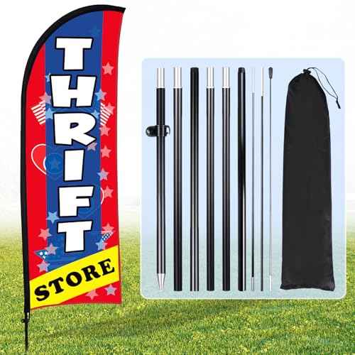Buryeah 11ft Thrift Store Feather Flag Banner Sign for Business Advertising Swooper Flag Sign with Flagpole Ground Stake Portable Bag Thrift Store Signs Banner Set for Outside Business