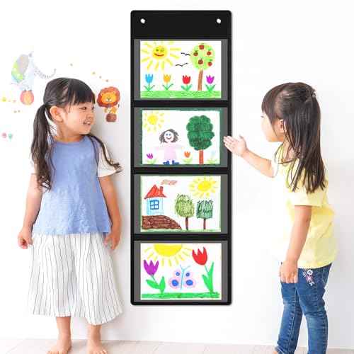 6 Pcs Storage Pocket Chart for Classroom 37.4 x 13 in 4 Pockets Hanging Wall File Organizer for Teachers Homework Cards Drawing Pictures Class Demonstrations Office Organization(Black)