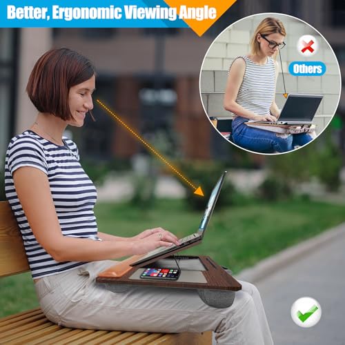 Wooden Laptop Tray with Leather Wrist Pad - Adjustable Angle Lap Desk with Cushion, Laptops Table for Couch,Bed, Fits Laptops Up to 17 Inches, Lap Laptop Desk with Mouse Pad, Brown