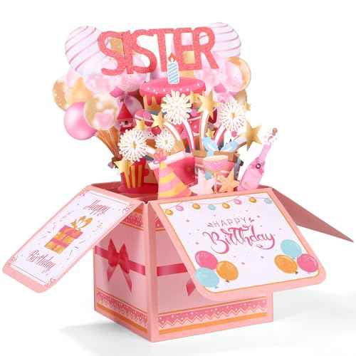 Funny Happy Birthday Sister Pop Up Card, 3D Birthday Card with Envelope Unique Gift for Women Party Decoration Keepsake