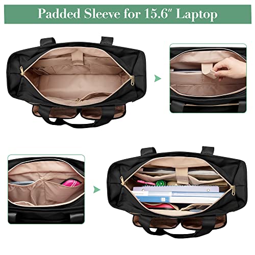 Fasrom Black Teacher Tote Bag for Women with 6 Exterior Pockets, 15.75in Laptop Sleeve