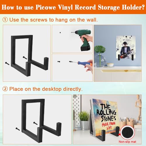 Picowe Vinyl Record Storage Holder, Large 8" Black LP Record Holder Vinyl Display Rack Organizer for Albums, Metal Record Display Stand