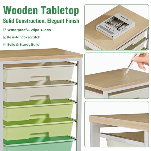 Rolling Storage Cart with 8 Drawers & Wooden Tabletop, Utility Cart with Wheels for Craft Storage, Home, School, Bedroom, Living Room, Dorm, Office, Classroom, Art Supply Storage Organizer Cart, Green