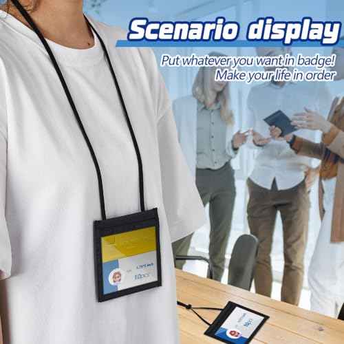 Tenceur 20 Pcs 4 x 3'' Neck Badge Holder with Adjustable Lanyard and Clear Window Polyester Name Badge Organizer with 3 Pockets Horizontal Zipper Pouch Vaccination Card Protector, Black