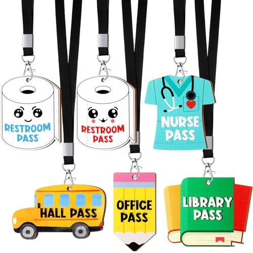 Sabary 6 Pack School Hall Pass Lanyards - Cute Classroom Passes Set with Various Styles