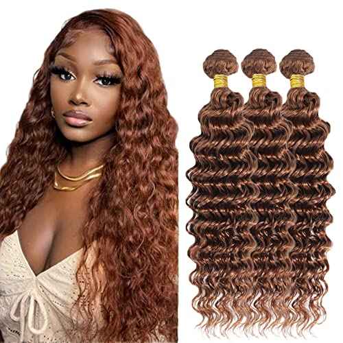 #30 Brown Bundles Human Hair Deep Wave Bundles 16 18 20 Inch Brown Deep Wave Bundle Unprocessed Brazilian Virgin Weave Hair 3 Bundle 50 Gram Per Bundle
