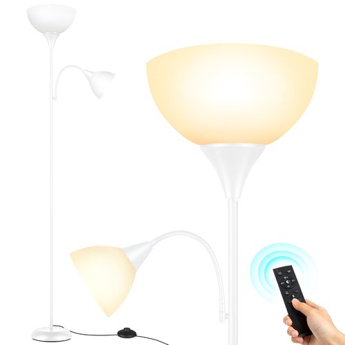OUTON LED Floor Lamp, 70" Tall Torchiere Floor Lamp, Adjustable Reading Light, Modern Dimmable Standing Lamp with Remote Control & Foot Switch, Corner Lamp for Living Room Bedroom Office, White