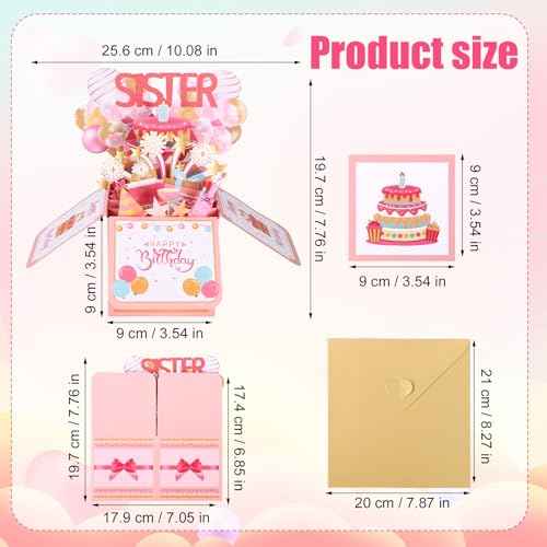 Funny Happy Birthday Sister Pop Up Card, 3D Birthday Card with Envelope Unique Gift for Women Party Decoration Keepsake