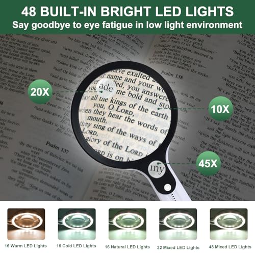 BASEJKCO White Handle 10X 20X 45X LED Magnifying Glass with 48 Lights