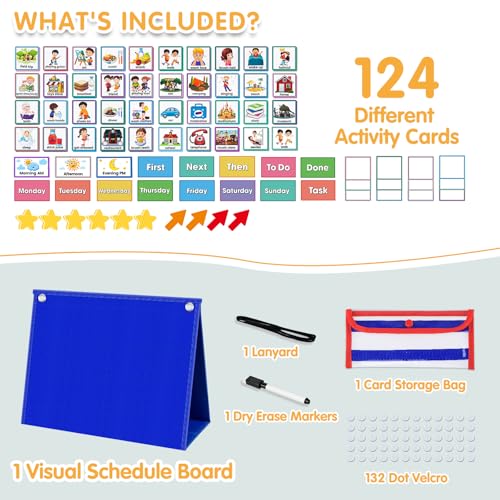 ALSLEA Blue Wider Version Visual Schedule for Kids Autism Daily Routine & Chore Chart with 124 Cards