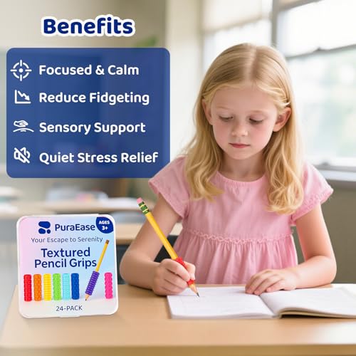 Textured Pencil Grips for Kids, Teens & Adults ? 24PC Sensory Fidget Toys for ADHD, Autism, Anxiety & Stress Relief - Ideal for Teachers as Educational Tools or Classroom Rewards