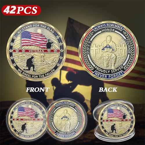 42 PCS Military Challenge Coins, US Military Coins Veteran Challenge Coin - Stand for The Flag, Kneel for The Fallen - Military Commemorative Appreciation Gifts