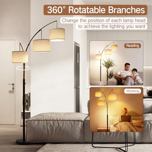 OUTON Arc Led Floor Lamp, Modern Black 3 Light Tall Floor Lamp for Bedroom, 2400lm Mid Century Adjustable Standing Corner Lamps for Living Room Office, 3 LED Bulbs Included, White Lampshade