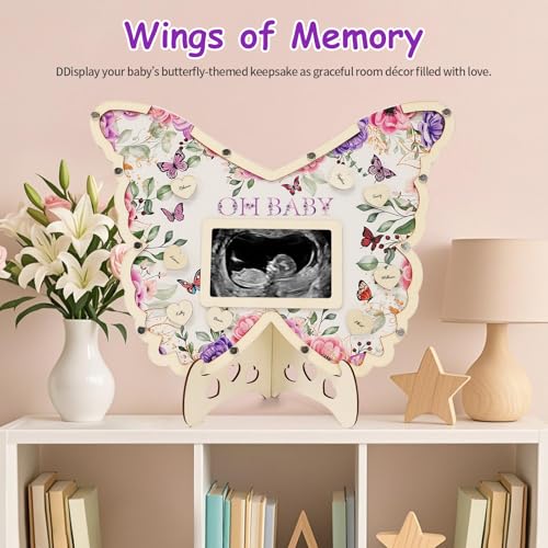 Butterfly Baby Shower Guest Book Set with Frame, 60 Wooden Hearts, Pen – Purple Butterfly (Threelf)