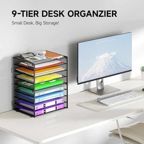 9 Tier Paper Organizer with Handle, Large Capacity Desk Organizer Mesh File Folder Letter Paper Tray Desktop Document Sorter for Classroom, School, and Office Accessories Organization- Black