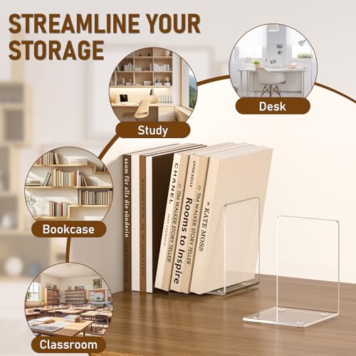 VFINE Clear Acrylic Bookends 6 Pieces - Transparent Book Holders for Shelves