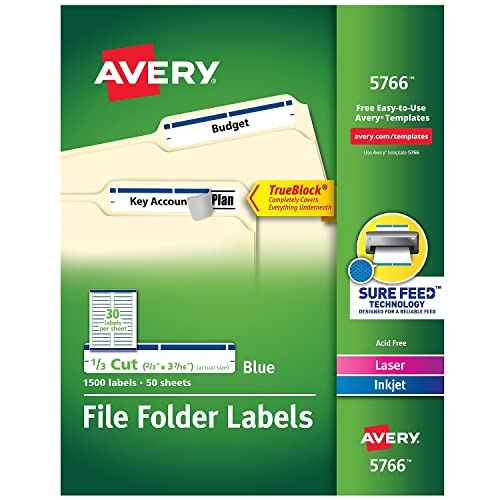 Avery 5766 Permanent Filing Labels, 1/3 Cut, 1500/BX,Blue