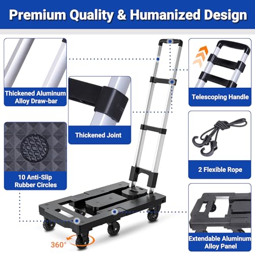 Upgraded 600LB Heavy Duty Folding Hand Truck Dolly, Light Weight Utility Dolly Platform Cart with 7 Wheels, Brakes, Handle Lock, and 2 Elastic Ropes for Luggage, Moving, Shopping Use