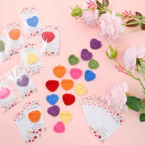 140 Sets Emotional Support Gift Bulk Cute Hand Crocheted Pocket Hug Heart Inspirational Cards and Bags Classroom Gift Exchange Party Favors for Preschool Toddler Boy Girls