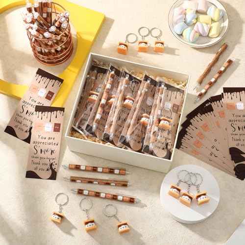 75 Sets S'More Marshmallow Appreciation Gifts Bulk Thank You Keychains Pen for Employee Coworkers Staff Teachers
