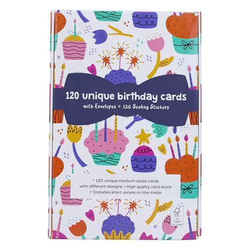 Dessie 120 Unique Happy Birthday Card Assortment 4x6 - Bulk Birthday Cards with Envelopes, Message Inside, Box & Gold Seals ? Assorted Birthday Cards Multipack for Employees Men Women