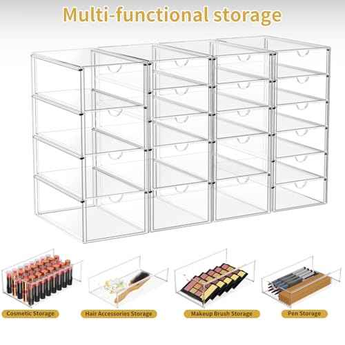 Acrylic Makeup Organizer with 20 Drawers, 4 Set Clear Storage Drawers, Acrylic Drawer Organizer and Storage for Desktop Office Supplies Make Up Pen Hair Accessories