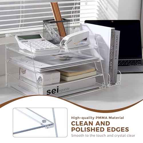 Acrylic Desk Organizer 4-Tier with Vertical File Holder ? Durable Letter Tray & Book Organizer for Home Office, Magazines, Documents & Stationery ? Sleek Modern Space Saver