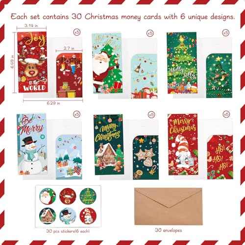 30 Pack Christmas Money Holders for Cash Gift Set,Christmas Money Cards with Envelopes,Cash Gift Card Holders,6 Design