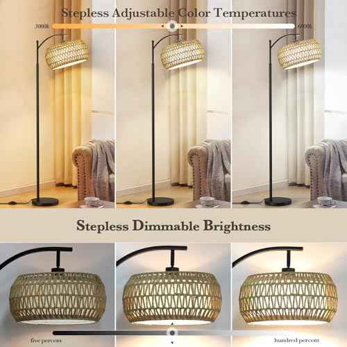 Arc Floor Lamps with Remote Control and Stepless Dimmable Color Temperature and Brightness Rattan Floor Lamps with Rattan and Cloth Dual Lampshade Standing Lamp for Living Room Bedroom, Black