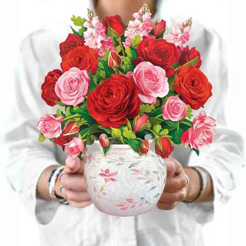 Freshcut Paper Pop Up Cards, Blooming Roses, 12 Inch Life Sized Forever Flower Bouquet 3D Popup Greeting Cards, Valentine's Day, Anniversary Card, Blank Notecard & Envelope