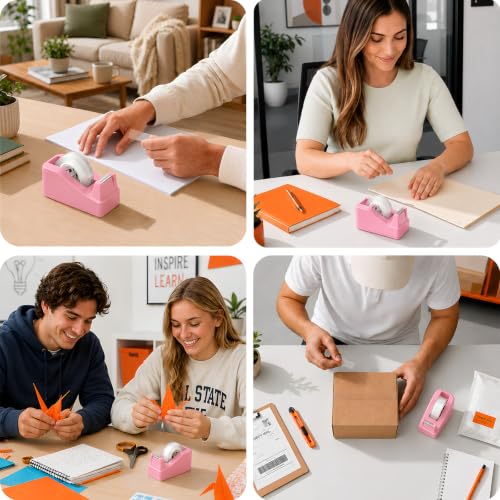 JEFURE Lightweight Desktop Tape Dispenser with 6 Rolls - 1-Inch Core, Pink