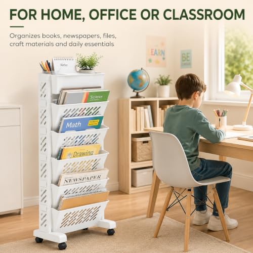 6-Tier Rolling Book Cart with Wheels – Narrow Plastic Bookshelf