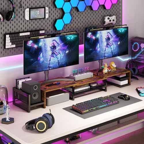 Wisdom Star Dual Monitor Stand with Drawer, Desk Organizers and Accessories, Adjustable Length & Swivel Angle, 2-Tier Computer Monitor Stand for Computer, Laptop, PC, Brown
