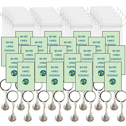 Smiling Wisdom - 20 Bulk Gifts - You Make A World of Difference - Staff Employee Appreciation 3.5x2in Cards & Keepsake Gifts - 60pcs - Silver World Keychains
