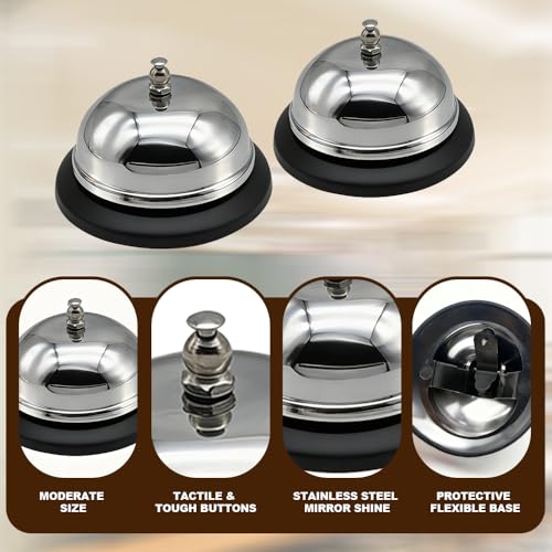 2-Pack Call Bell 3.3 Inch Stainless Steel Service Bell - Heavy Duty, Loud Ring, Hotel & Restaurant Use, Durable Design