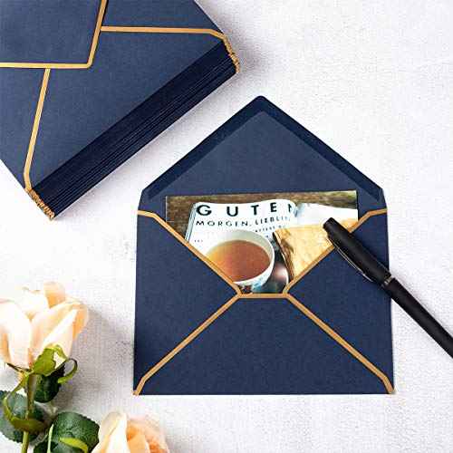 50 Pack Navy Blue A4 Envelopes 4x6 Self-Adhesive V Flap Envelopes with Gold Border for Office, Greeting Card, Wedding, Graduation, Baby Shower, Parties, Invitations (4.25x6.25 inches)