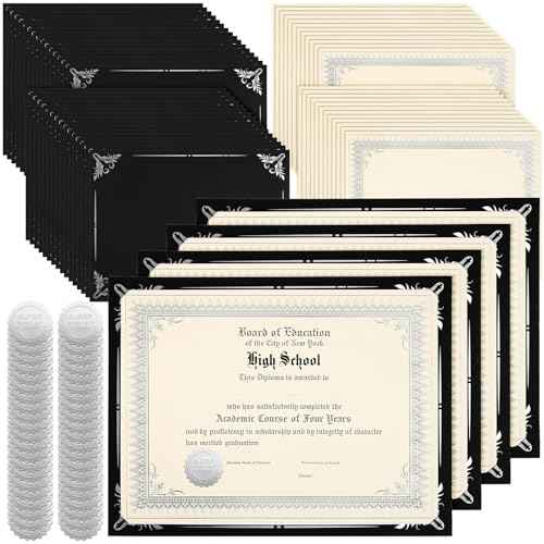 Fainne 100 Sets Certificate Paper Kit Single Sided Awards Holder with Foil Border for 8.5 X11 Certificate Covers Foil Award Seals Stickers Diploma Covers(Black with Silver Foil)