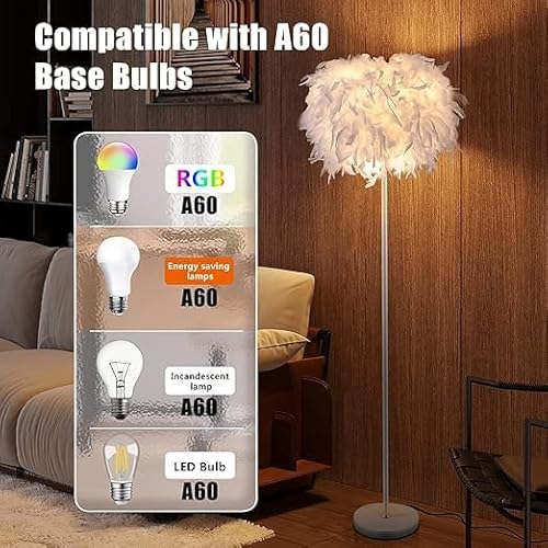 Feather Floor Lamp,59in Simple Modern LED Standing Lamp,White Feather Floor Lamp for Bedroom,Living Room,Dining Room and Office(Bulb not Included)