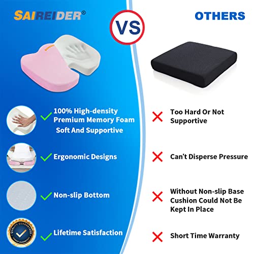 SAIREIDER Office Chair Cushion Pink - Memory Foam Coccyx Tailbone Pain Relief