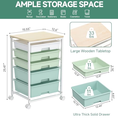SYKIARIOL Light Green 5-Drawer Rolling Storage Cart with Wooden Top